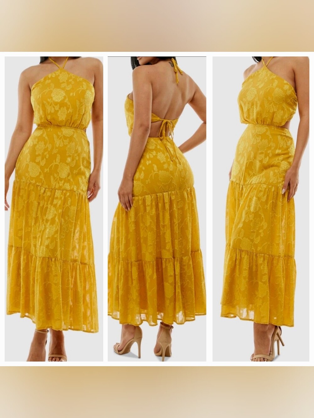🌟7/25$ Speechless Mustard Yellow Floral Halter Backless Midi Dress